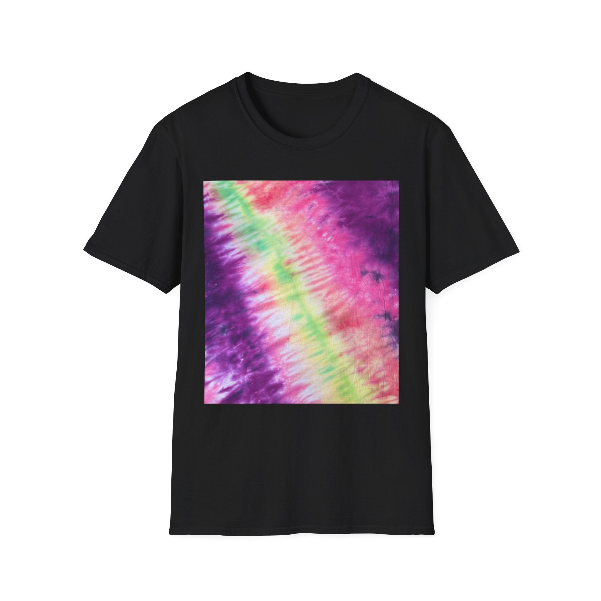 NEON DISCOVERY:  Sky zone, Vibrant Tie-Dye Unisex Softstyle T-Shirt - Trendy Casual Wear, Summer Festivals, Gifts for Friends, Retro Vibe, Unisex Tee