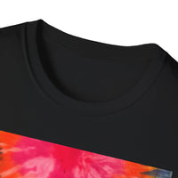 DOUBLE DAHLIA:  Vibrant dahlia inspired  Tie-Dye t-shirt, Unisex Softstyle Shirt, Summer Fashion Tee, Festival Wear, Retro Style Top, Casual Everyday Wear