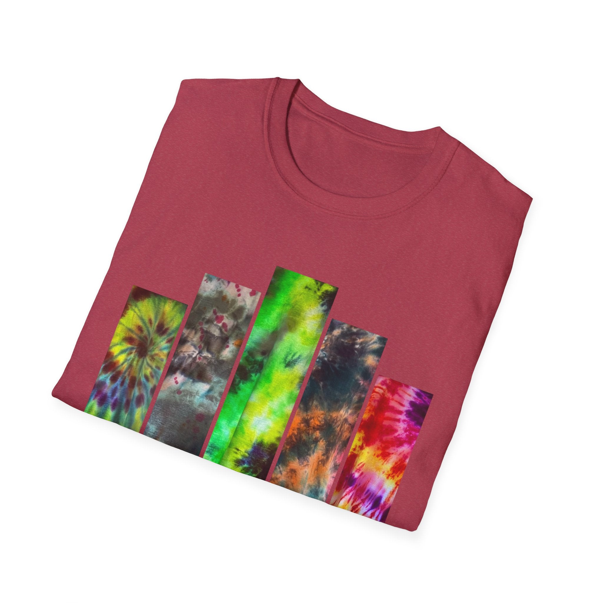 DYNAMO: Vibrant Tie-Dye collage Unisex Softstyle T-Shirt, Festival Wear, Casual Summer Top, Gift for Friends, Boho Style Tee, Colorful Graphic Tee