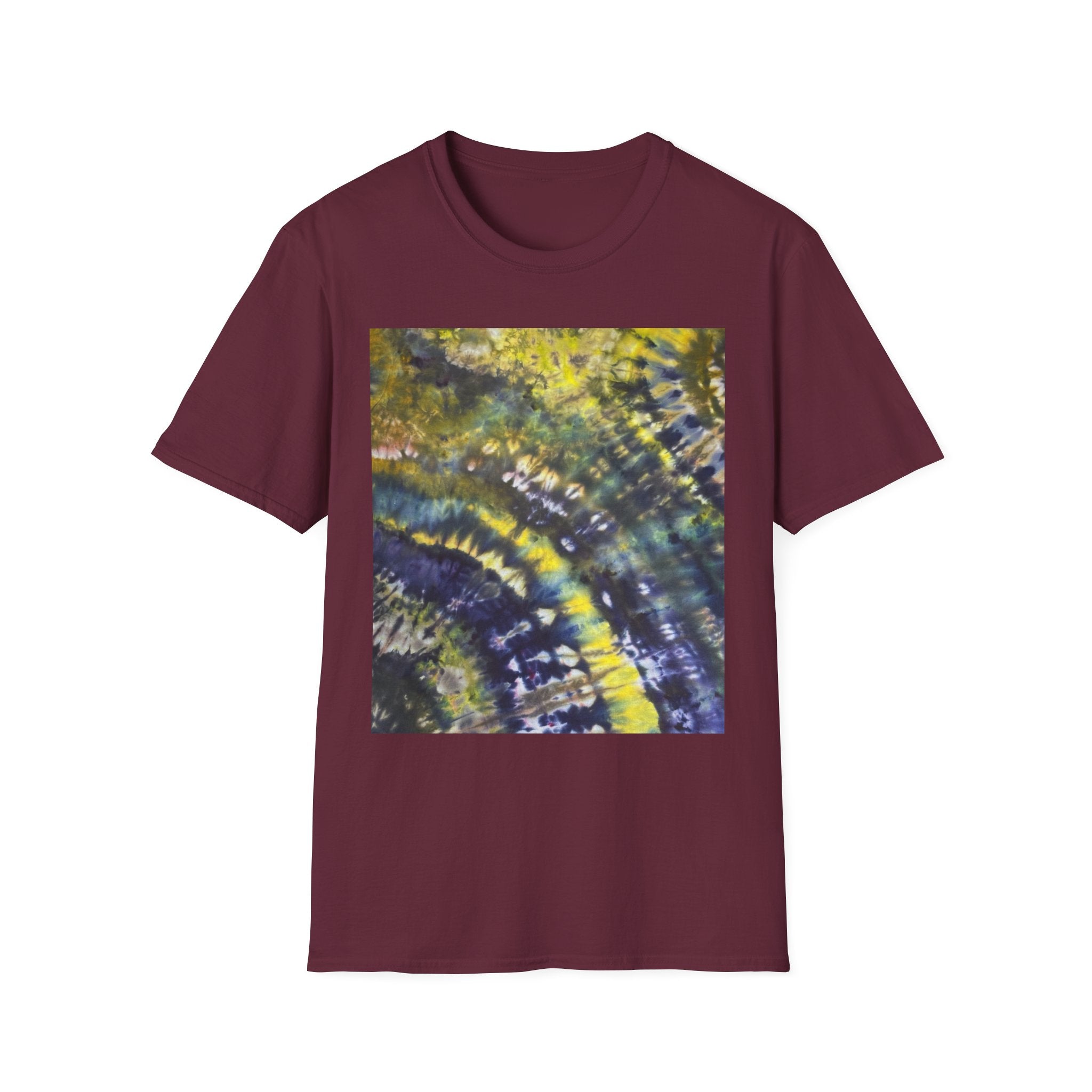 EVERGREEN TIDE: Smash stye tie dye, Vibrant Abstract Unisex Softstyle T-Shirt, Casual Wear, Art-Tee, Gift for Art Lovers, Unique Art Shirt, Dreamy Graphic T-Shirt