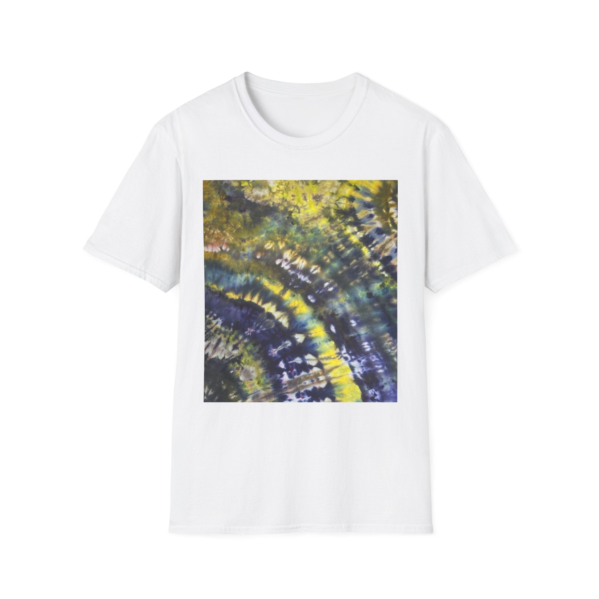 EVERGREEN TIDE: Smash stye tie dye, Vibrant Abstract Unisex Softstyle T-Shirt, Casual Wear, Art-Tee, Gift for Art Lovers, Unique Art Shirt, Dreamy Graphic T-Shirt