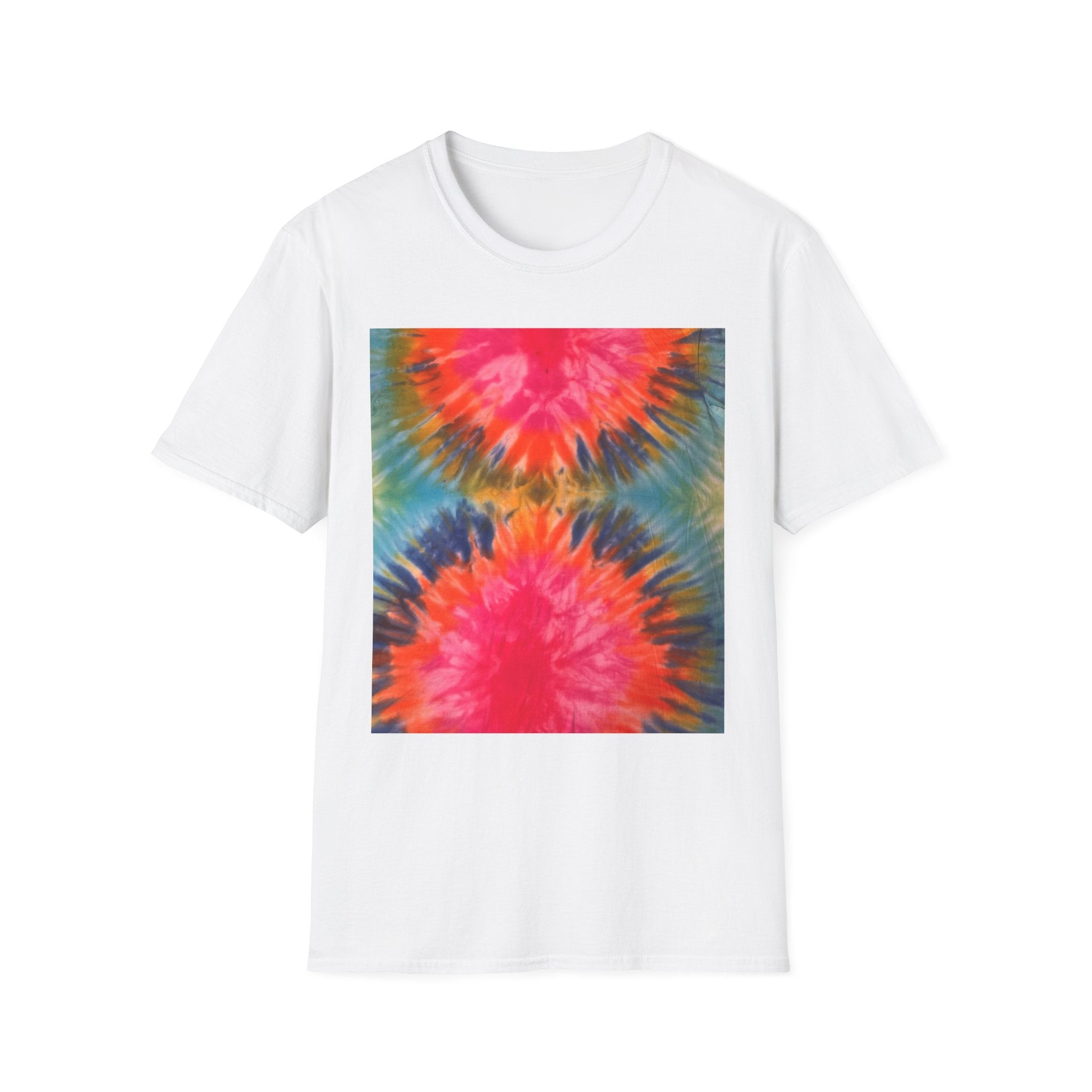DOUBLE DAHLIA:  Vibrant dahlia inspired  Tie-Dye t-shirt, Unisex Softstyle Shirt, Summer Fashion Tee, Festival Wear, Retro Style Top, Casual Everyday Wear