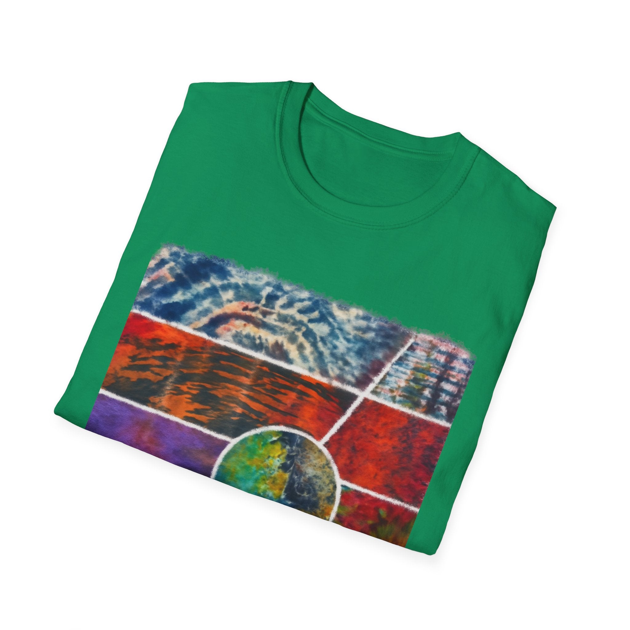 SUNSET TANGO: Vibrant Collage Tie-Dye T-Shirt, Bohemian Unisex Tee, Perfect for Festivals, Gifts, Summer Vibes, Art-Inspired Wear, Music Events