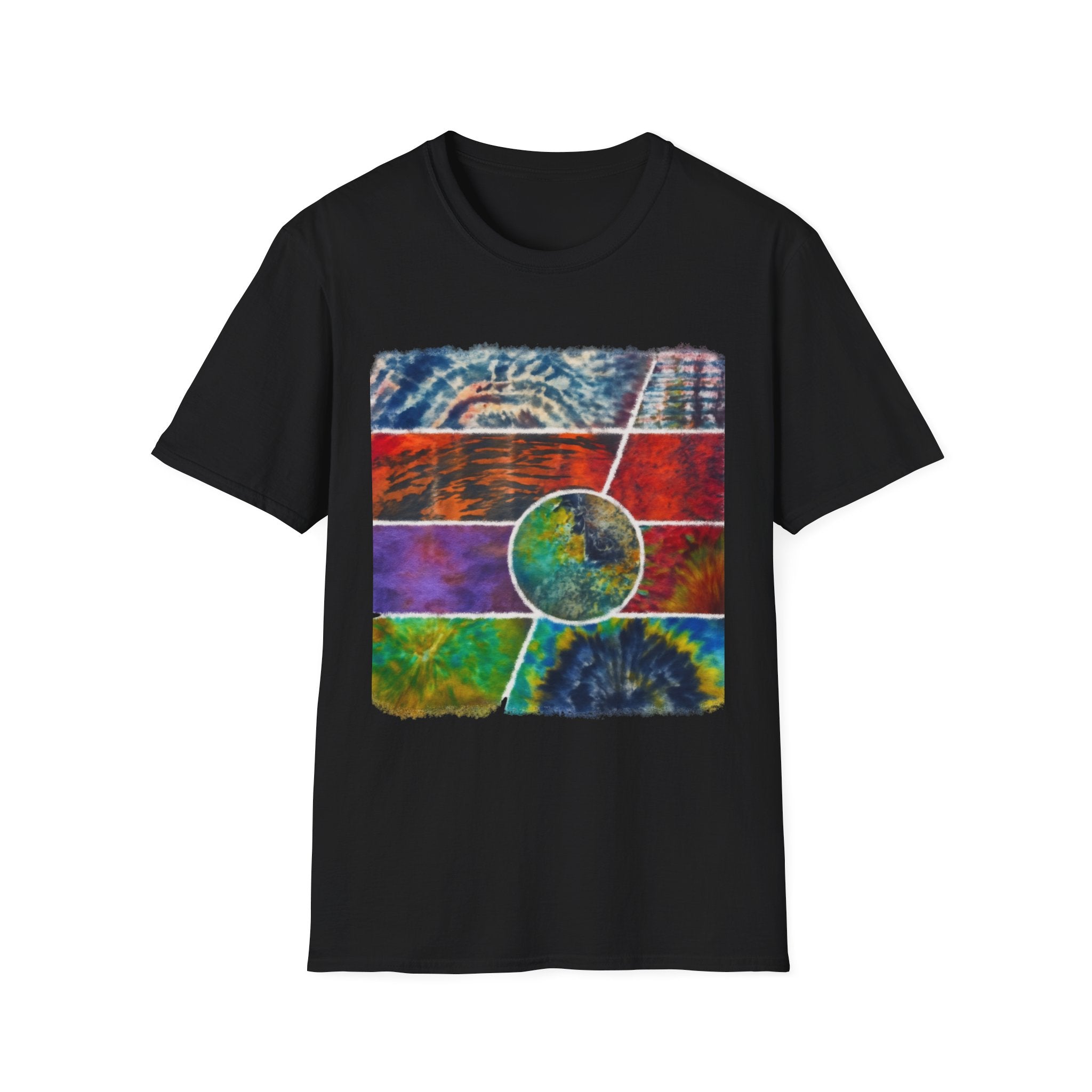 SUNSET TANGO: Vibrant Collage Tie-Dye T-Shirt, Bohemian Unisex Tee, Perfect for Festivals, Gifts, Summer Vibes, Art-Inspired Wear, Music Events