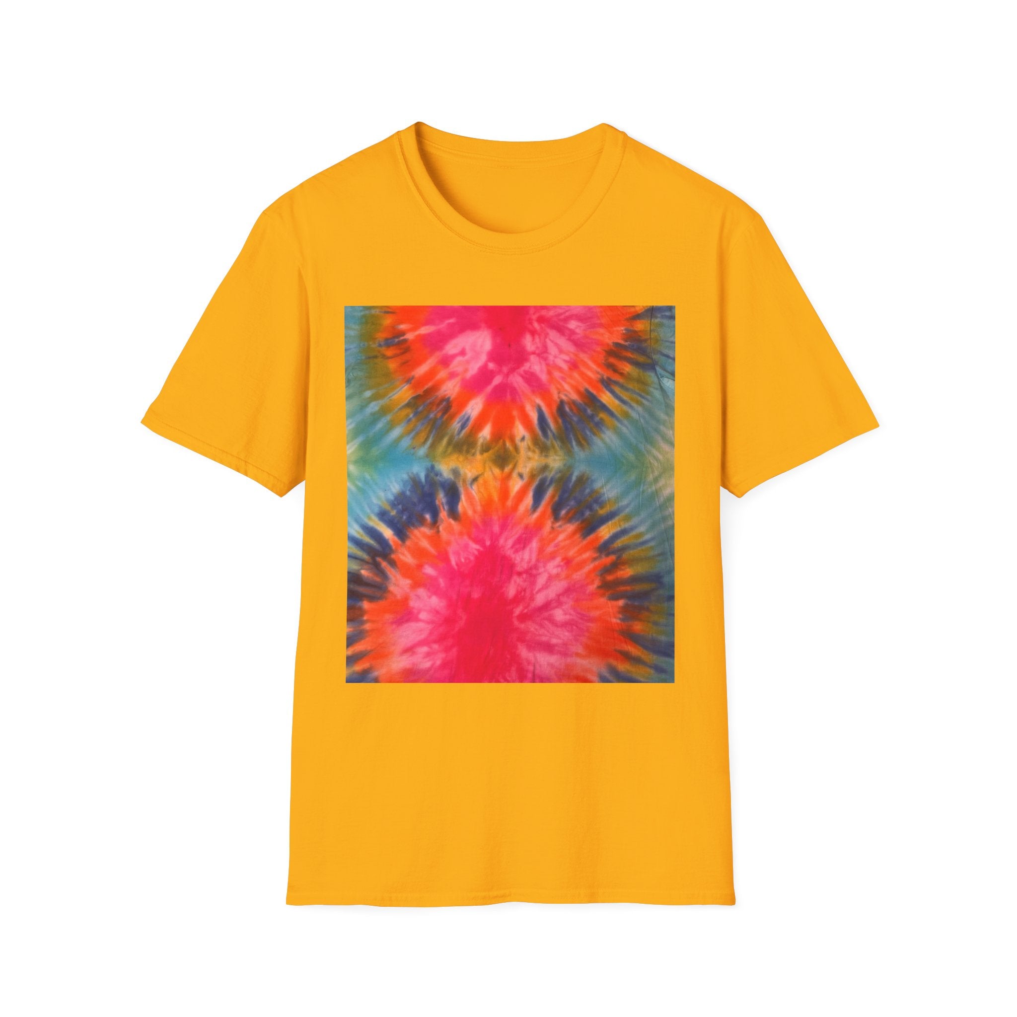 DOUBLE DAHLIA:  Vibrant dahlia inspired  Tie-Dye t-shirt, Unisex Softstyle Shirt, Summer Fashion Tee, Festival Wear, Retro Style Top, Casual Everyday Wear