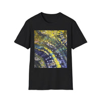 EVERGREEN TIDE: Smash stye tie dye, Vibrant Abstract Unisex Softstyle T-Shirt, Casual Wear, Art-Tee, Gift for Art Lovers, Unique Art Shirt, Dreamy Graphic T-Shirt