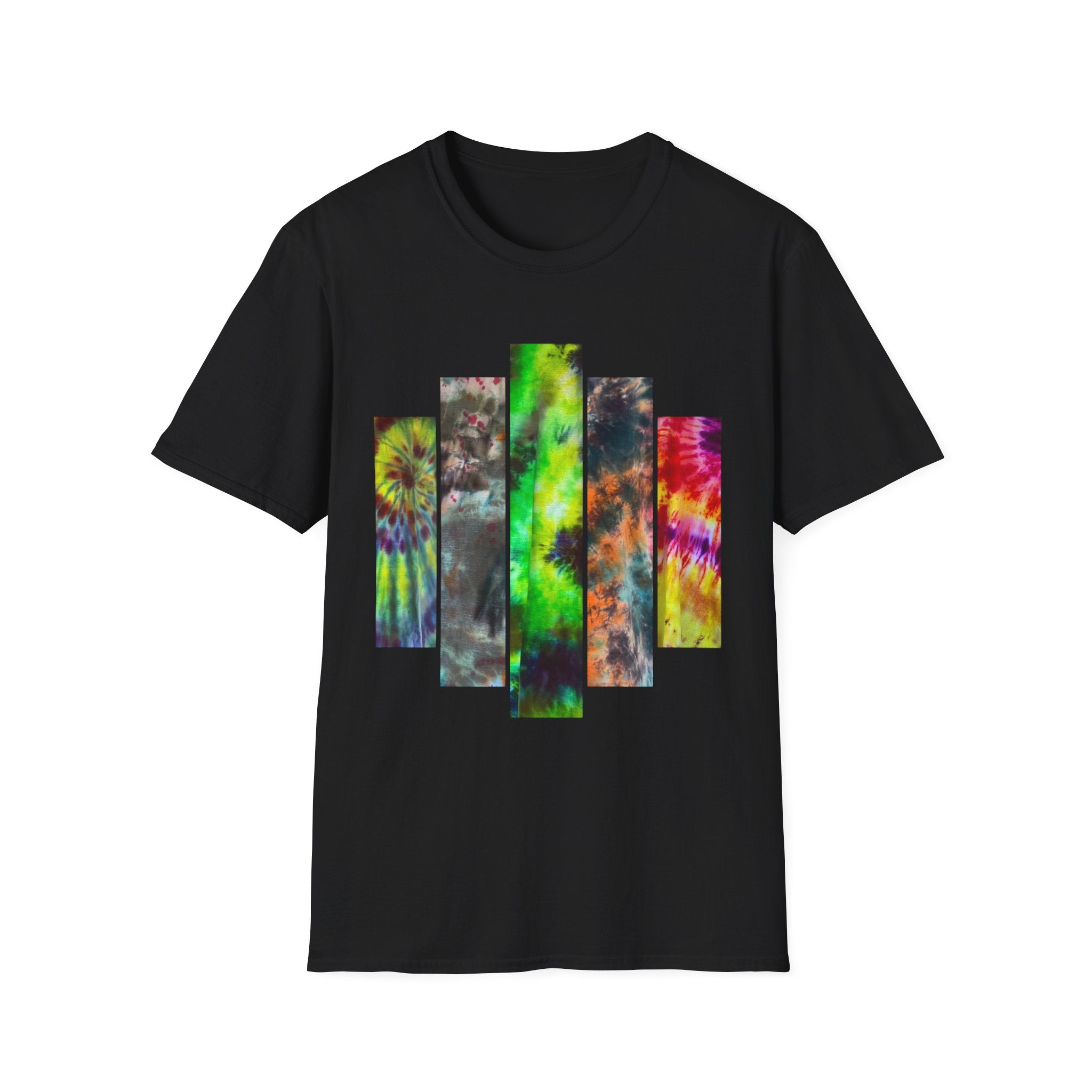 DYNAMO: Vibrant Tie-Dye collage Unisex Softstyle T-Shirt, Festival Wear, Casual Summer Top, Gift for Friends, Boho Style Tee, Colorful Graphic Tee