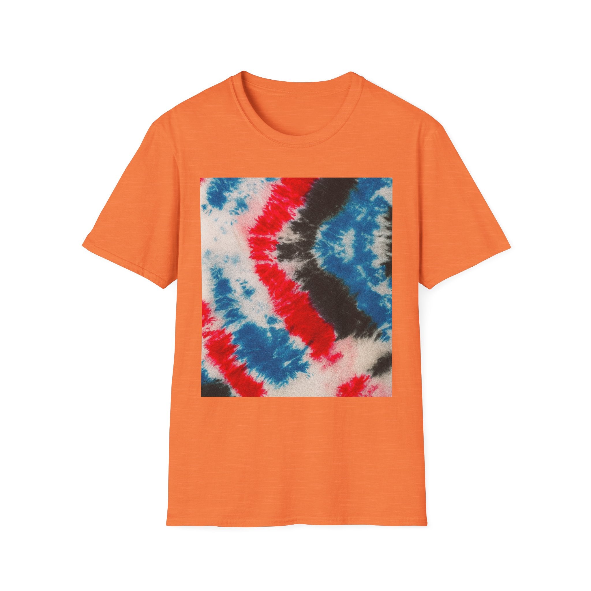 BOOMERANG BLAZE: Patriotic Tie-Dye T-Shirt, Unisex Softstyle Tee, Summer BBQ Shirt, Fourth of July Apparel, Gift for Freedom Lovers