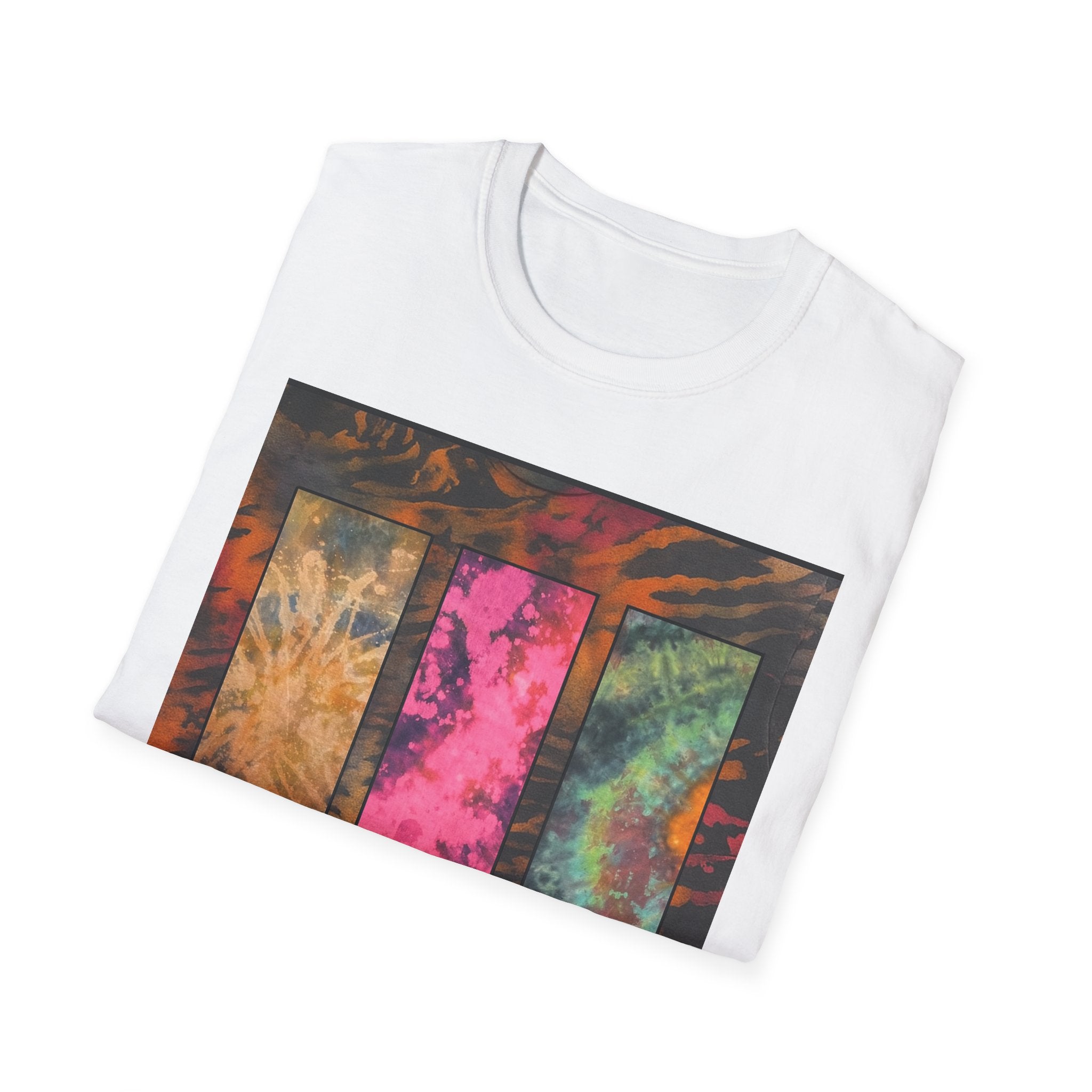 FIRE STONE: Stonehenge inspired collage, Colorful Tie-Dye Unisex T-Shirt, Boho Tee, Summer Vibes Shirt, Festival Wear, Unique Gift for Him and Her