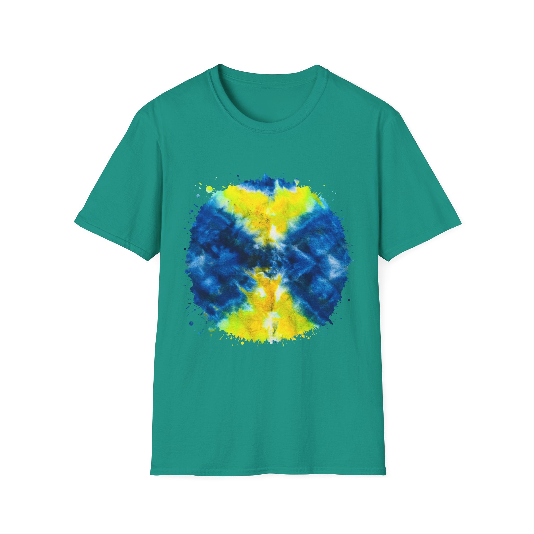Zenith 2:  Tie-Dye Peace Circle Unisex Softstyle T-Shirt, Vibrant Summer Tee, Gift for Music Festivals, Casual Chic, Eco-Friendly Fashion