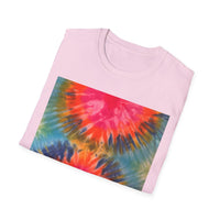 DOUBLE DAHLIA:  Vibrant dahlia inspired  Tie-Dye t-shirt, Unisex Softstyle Shirt, Summer Fashion Tee, Festival Wear, Retro Style Top, Casual Everyday Wear
