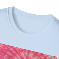 FLAMINGO:  Pink explosion! Colorful Tie-Dye Unisex Softstyle T-Shirt – Perfect for Festivals, Summer Vibes, Casual Outings, Gifts, and Everyday Wear