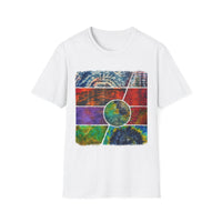 SUNSET TANGO: Vibrant Collage Tie-Dye T-Shirt, Bohemian Unisex Tee, Perfect for Festivals, Gifts, Summer Vibes, Art-Inspired Wear, Music Events