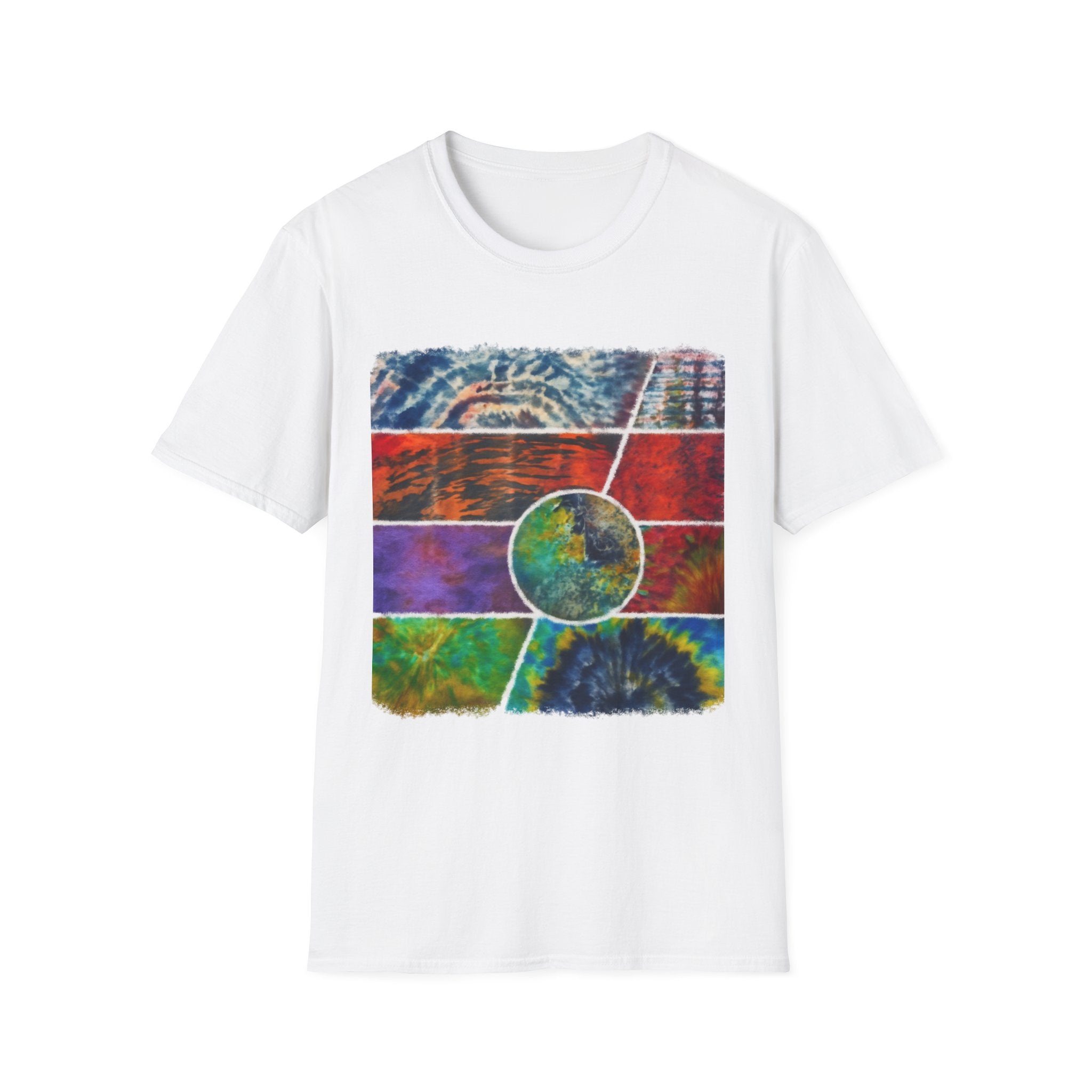 SUNSET TANGO: Vibrant Collage Tie-Dye T-Shirt, Bohemian Unisex Tee, Perfect for Festivals, Gifts, Summer Vibes, Art-Inspired Wear, Music Events