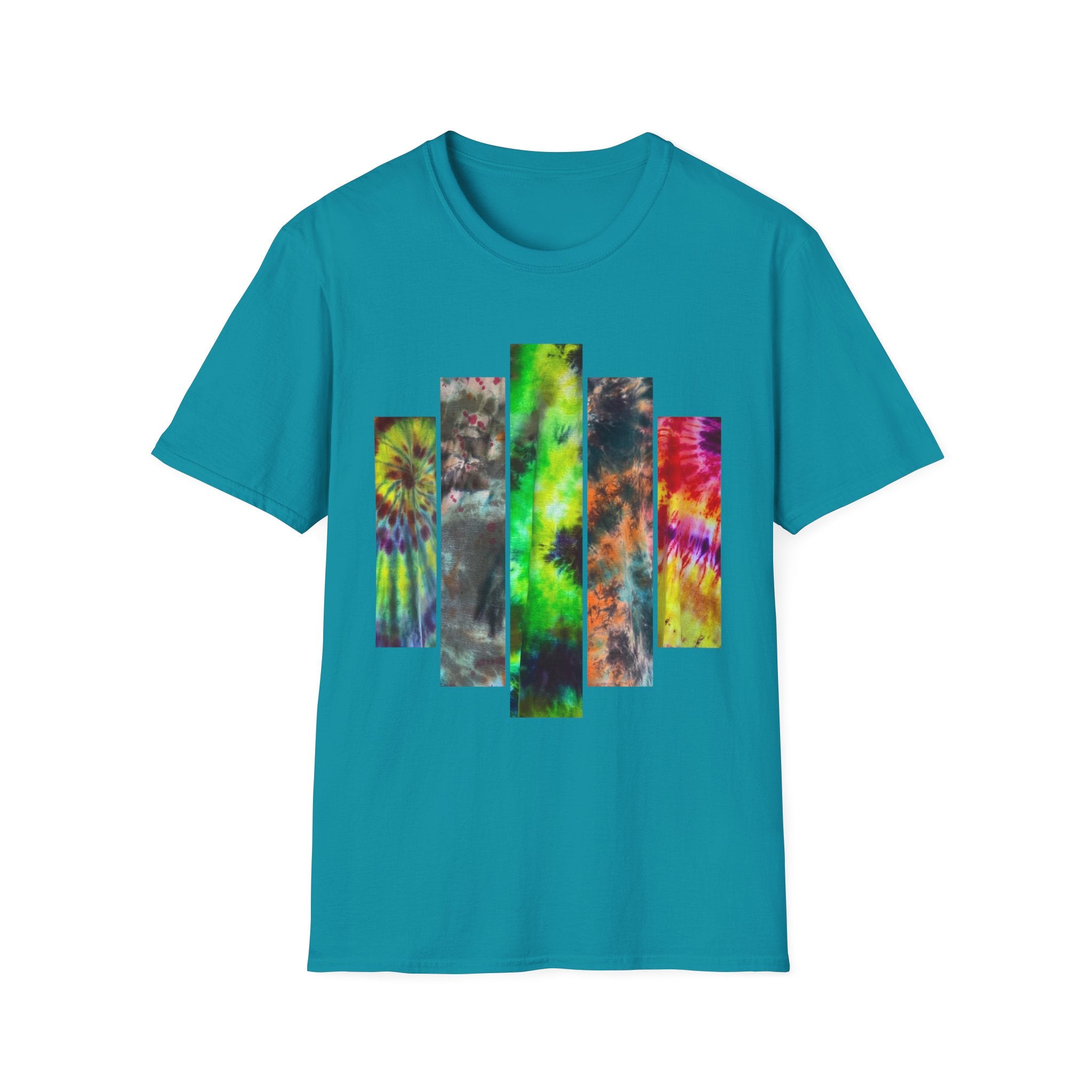 DYNAMO: Vibrant Tie-Dye collage Unisex Softstyle T-Shirt, Festival Wear, Casual Summer Top, Gift for Friends, Boho Style Tee, Colorful Graphic Tee