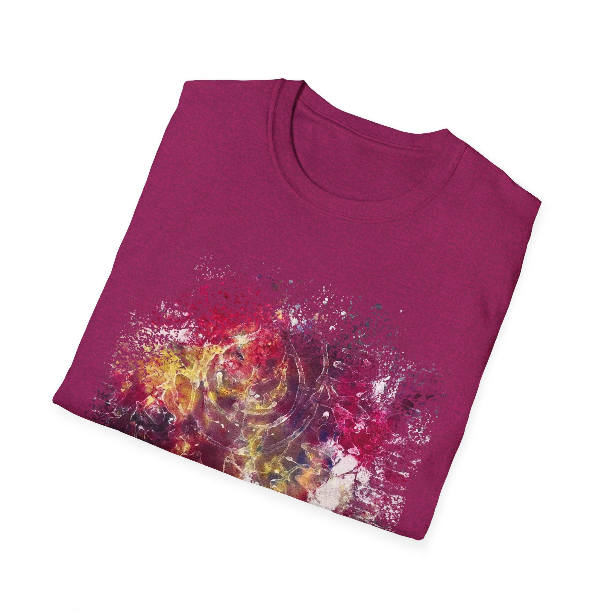ENIGMA: Gritty, edgy Colorful Abstract Art Unisex Softstyle T-Shirt, Casual Graphic Tee, Gift for Art Lovers, Unique Printed Shirt, Summer Wear, Festival Apparel