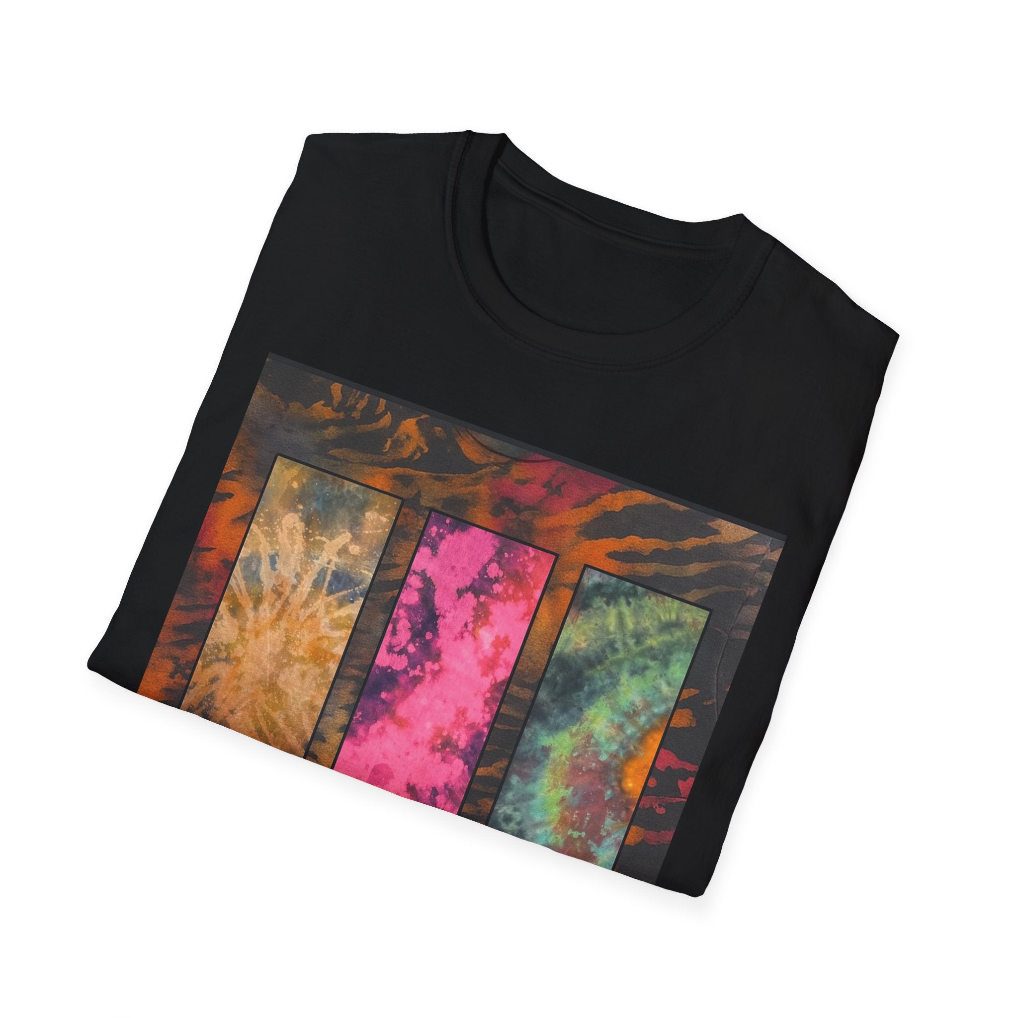 FIRE STONE: Stonehenge inspired collage, Colorful Tie-Dye Unisex T-Shirt, Boho Tee, Summer Vibes Shirt, Festival Wear, Unique Gift for Him and Her