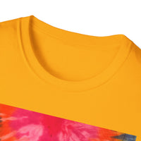 DOUBLE DAHLIA:  Vibrant dahlia inspired  Tie-Dye t-shirt, Unisex Softstyle Shirt, Summer Fashion Tee, Festival Wear, Retro Style Top, Casual Everyday Wear