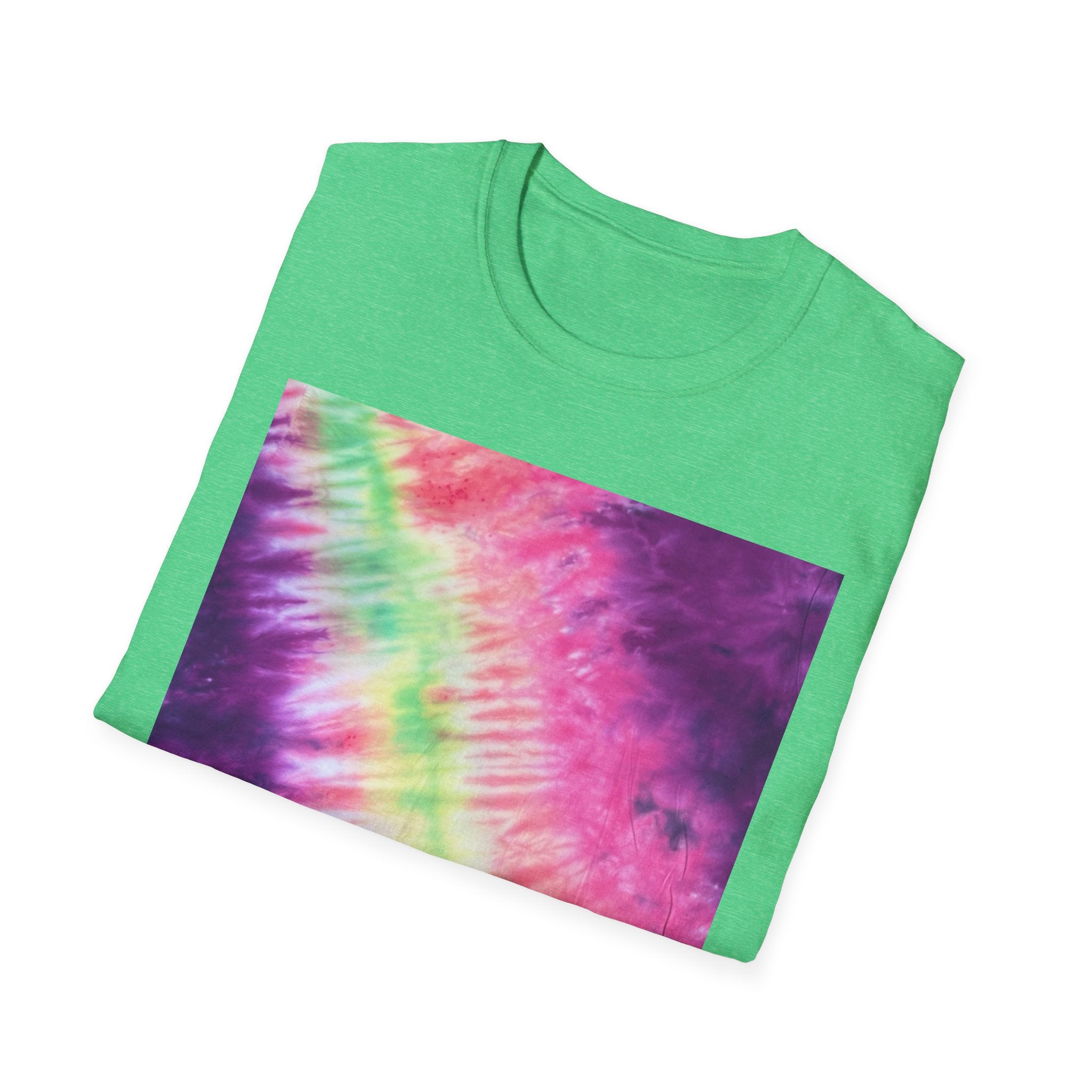 NEON DISCOVERY:  Sky zone, Vibrant Tie-Dye Unisex Softstyle T-Shirt - Trendy Casual Wear, Summer Festivals, Gifts for Friends, Retro Vibe, Unisex Tee