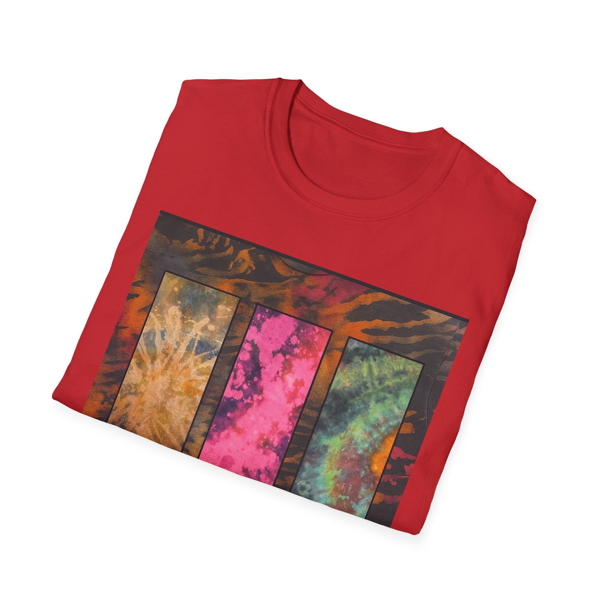FIRE STONE: Stonehenge inspired collage, Colorful Tie-Dye Unisex T-Shirt, Boho Tee, Summer Vibes Shirt, Festival Wear, Unique Gift for Him and Her