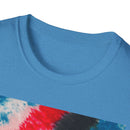 BOOMERANG BLAZE: Patriotic Tie-Dye T-Shirt, Unisex Softstyle Tee, Summer BBQ Shirt, Fourth of July Apparel, Gift for Freedom Lovers