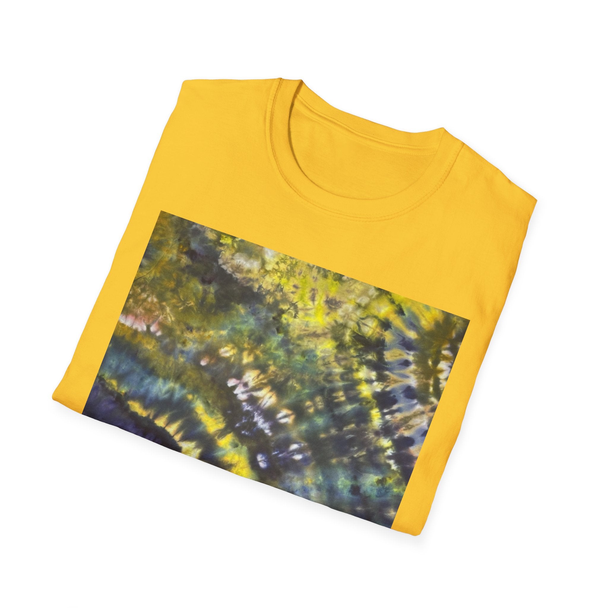 EVERGREEN TIDE: Smash stye tie dye, Vibrant Abstract Unisex Softstyle T-Shirt, Casual Wear, Art-Tee, Gift for Art Lovers, Unique Art Shirt, Dreamy Graphic T-Shirt