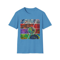 SUNSET TANGO: Vibrant Collage Tie-Dye T-Shirt, Bohemian Unisex Tee, Perfect for Festivals, Gifts, Summer Vibes, Art-Inspired Wear, Music Events