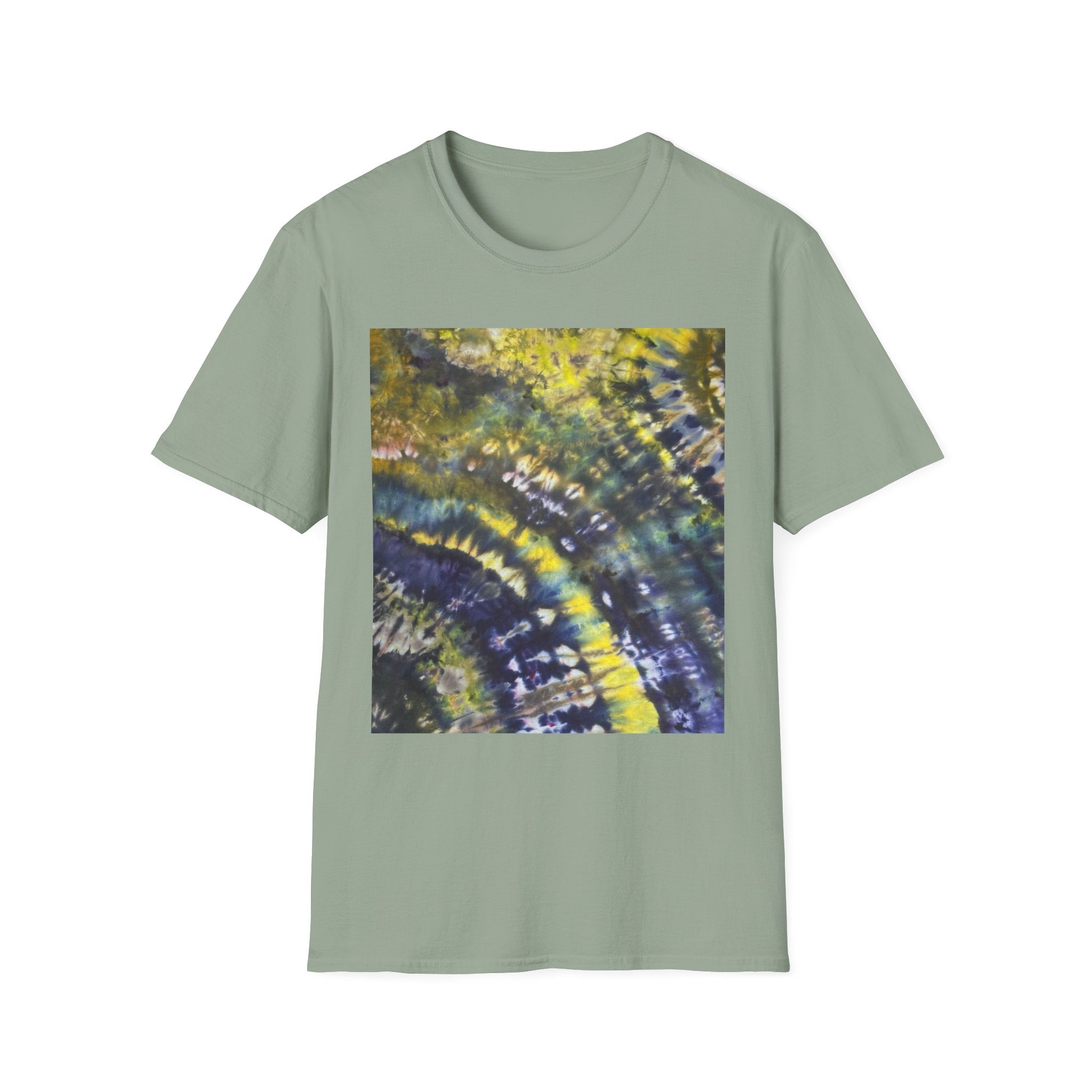 EVERGREEN TIDE: Smash stye tie dye, Vibrant Abstract Unisex Softstyle T-Shirt, Casual Wear, Art-Tee, Gift for Art Lovers, Unique Art Shirt, Dreamy Graphic T-Shirt