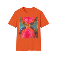 DOUBLE DAHLIA:  Vibrant dahlia inspired  Tie-Dye t-shirt, Unisex Softstyle Shirt, Summer Fashion Tee, Festival Wear, Retro Style Top, Casual Everyday Wear
