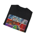 SUNSET TANGO: Vibrant Collage Tie-Dye T-Shirt, Bohemian Unisex Tee, Perfect for Festivals, Gifts, Summer Vibes, Art-Inspired Wear, Music Events