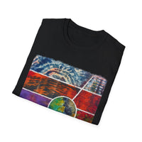 SUNSET TANGO: Vibrant Collage Tie-Dye T-Shirt, Bohemian Unisex Tee, Perfect for Festivals, Gifts, Summer Vibes, Art-Inspired Wear, Music Events