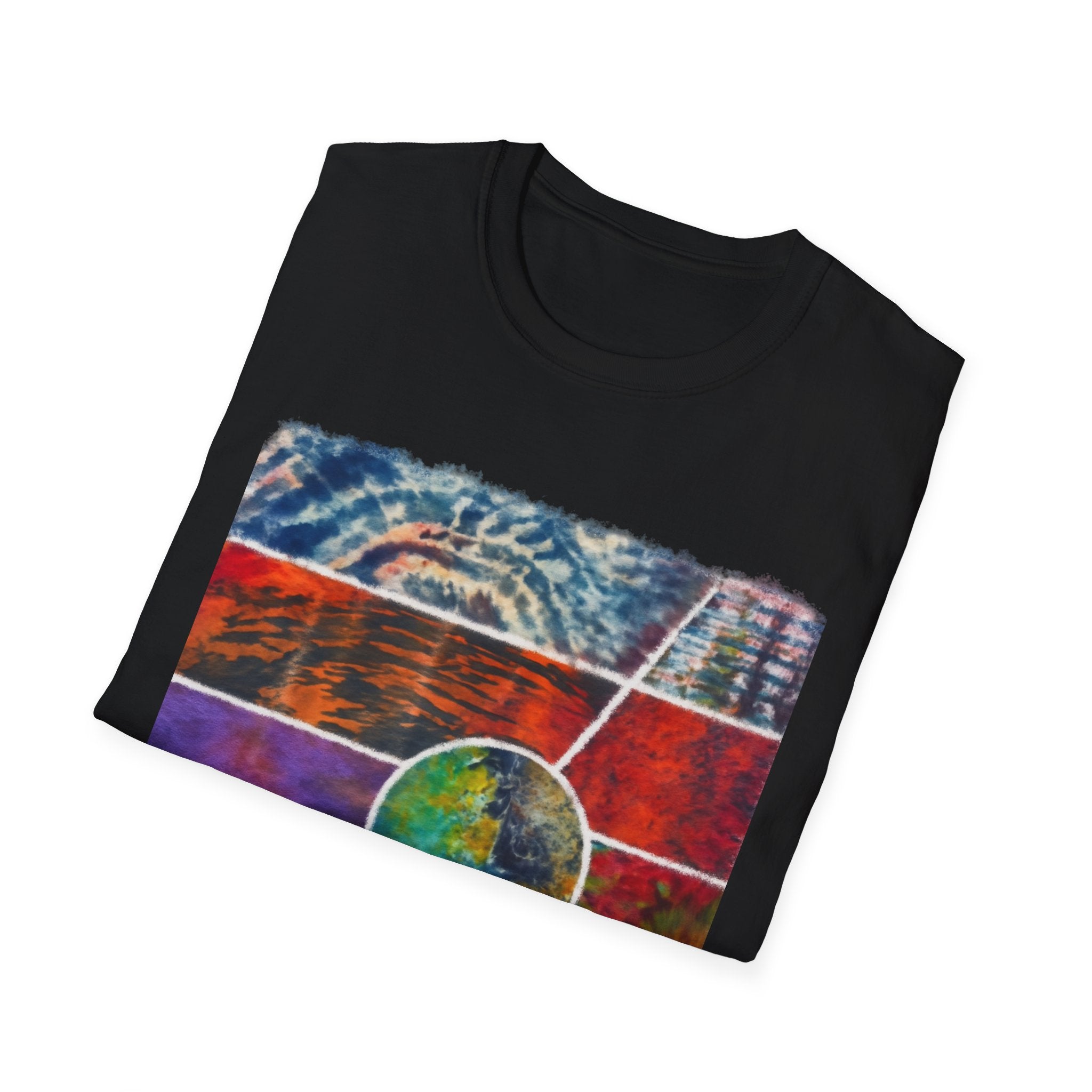 SUNSET TANGO: Vibrant Collage Tie-Dye T-Shirt, Bohemian Unisex Tee, Perfect for Festivals, Gifts, Summer Vibes, Art-Inspired Wear, Music Events