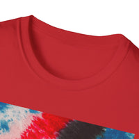 BOOMERANG BLAZE: Patriotic Tie-Dye T-Shirt, Unisex Softstyle Tee, Summer BBQ Shirt, Fourth of July Apparel, Gift for Freedom Lovers