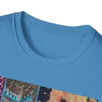 EQUITY: Bohemian Peace Graphic Tie Dye collage Tee, Unisex Softstyle T-Shirt, Tie-Dye Vibe Shirt, Festival Fashion, Relaxed Fit Top