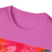 DOUBLE DAHLIA:  Vibrant dahlia inspired  Tie-Dye t-shirt, Unisex Softstyle Shirt, Summer Fashion Tee, Festival Wear, Retro Style Top, Casual Everyday Wear