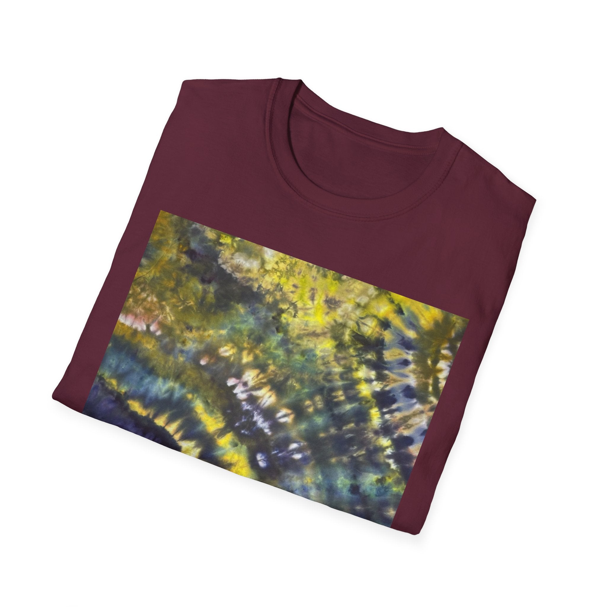 EVERGREEN TIDE: Smash stye tie dye, Vibrant Abstract Unisex Softstyle T-Shirt, Casual Wear, Art-Tee, Gift for Art Lovers, Unique Art Shirt, Dreamy Graphic T-Shirt