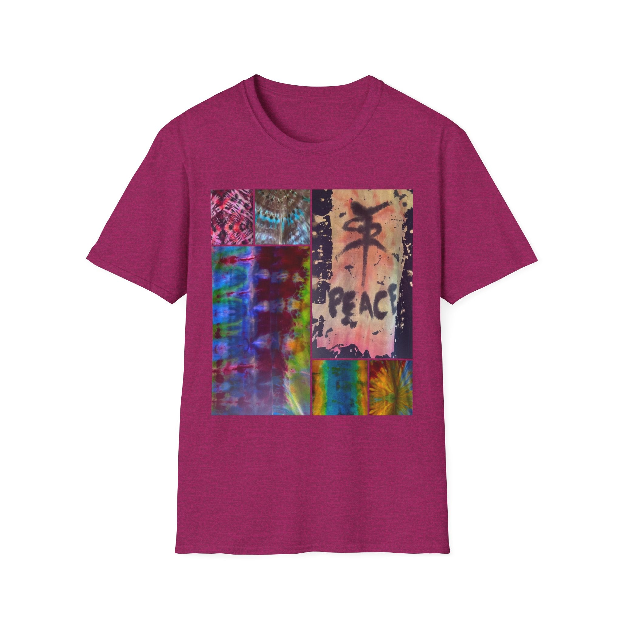 EQUITY: Bohemian Peace Graphic Tie Dye collage Tee, Unisex Softstyle T-Shirt, Tie-Dye Vibe Shirt, Festival Fashion, Relaxed Fit Top