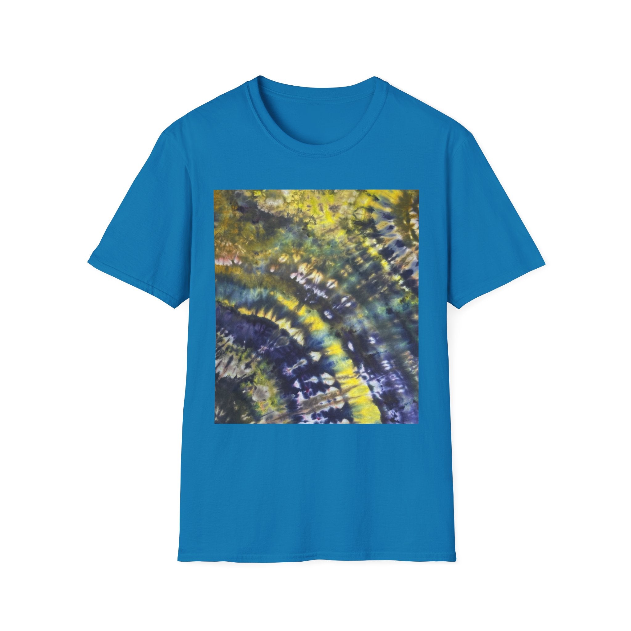 EVERGREEN TIDE: Smash stye tie dye, Vibrant Abstract Unisex Softstyle T-Shirt, Casual Wear, Art-Tee, Gift for Art Lovers, Unique Art Shirt, Dreamy Graphic T-Shirt