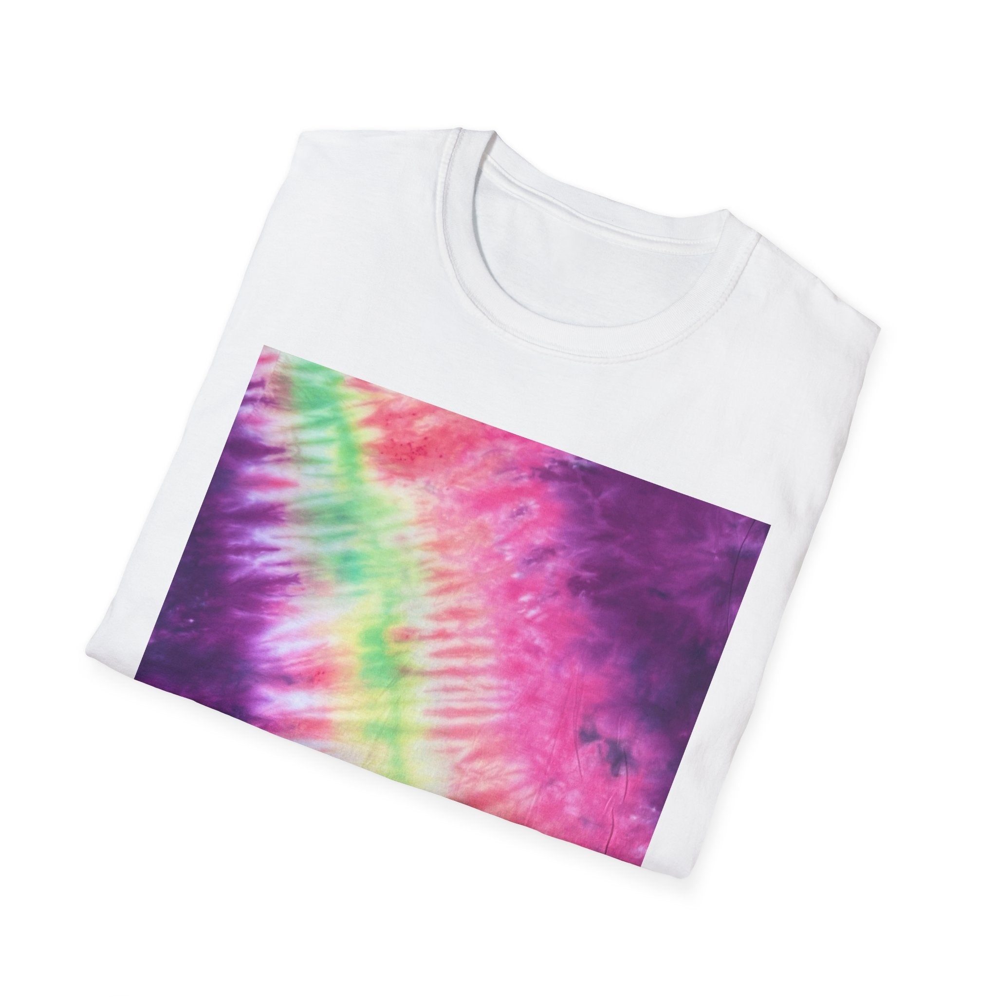NEON DISCOVERY:  Sky zone, Vibrant Tie-Dye Unisex Softstyle T-Shirt - Trendy Casual Wear, Summer Festivals, Gifts for Friends, Retro Vibe, Unisex Tee