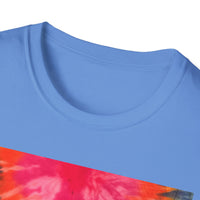 DOUBLE DAHLIA:  Vibrant dahlia inspired  Tie-Dye t-shirt, Unisex Softstyle Shirt, Summer Fashion Tee, Festival Wear, Retro Style Top, Casual Everyday Wear
