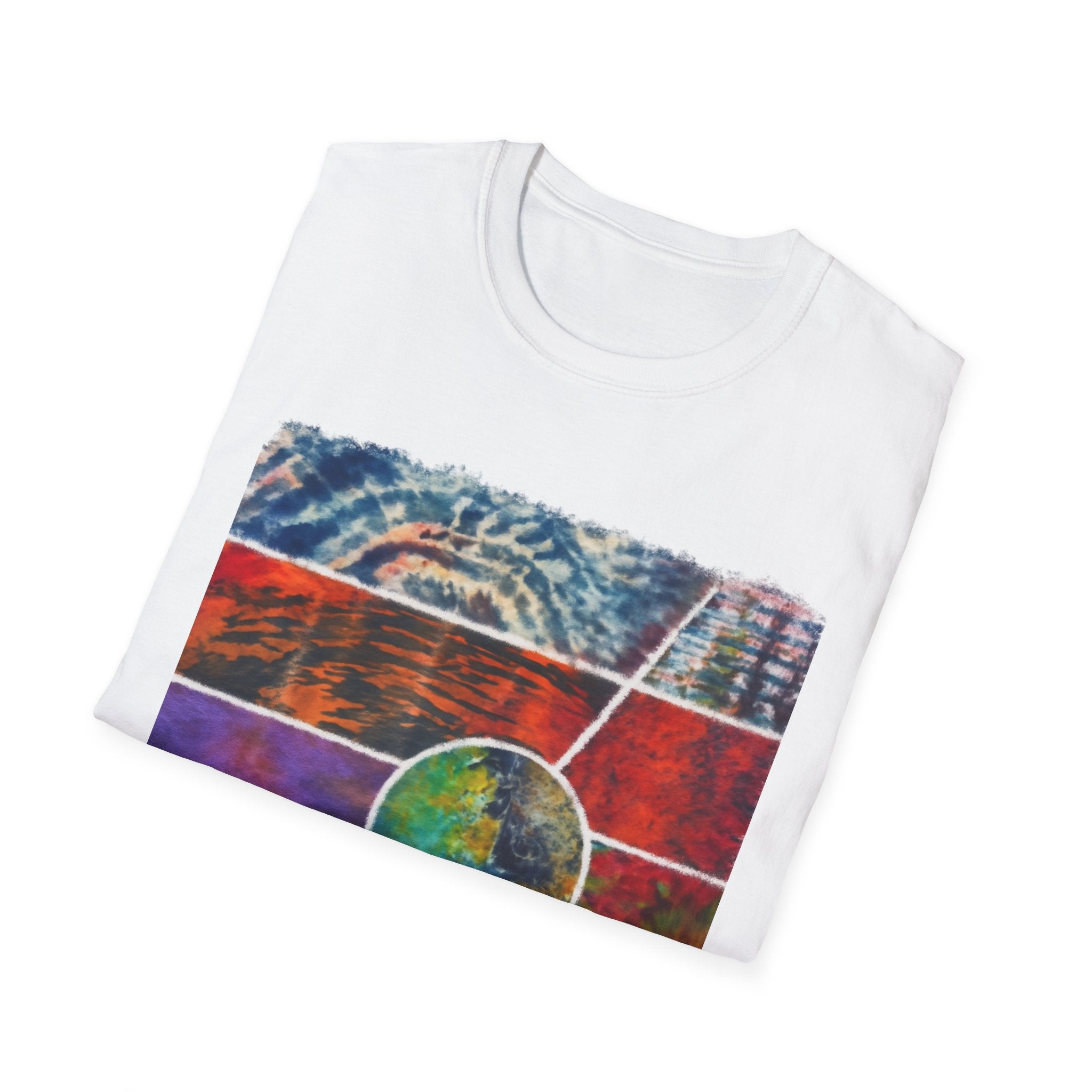 SUNSET TANGO: Vibrant Collage Tie-Dye T-Shirt, Bohemian Unisex Tee, Perfect for Festivals, Gifts, Summer Vibes, Art-Inspired Wear, Music Events