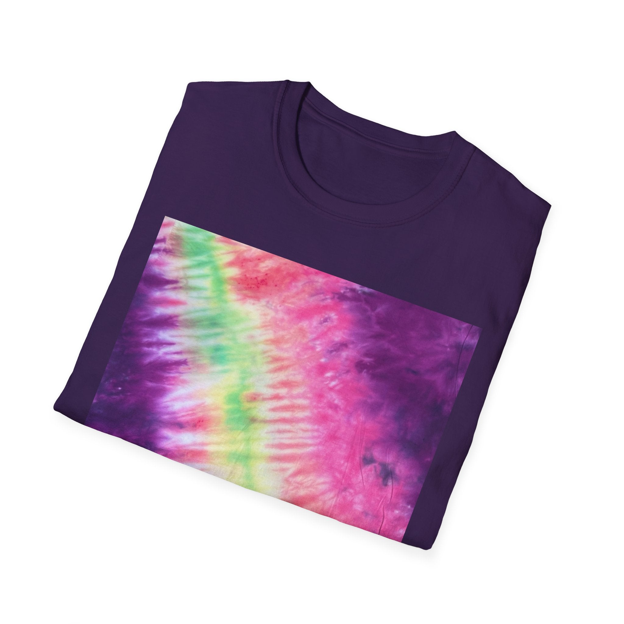 NEON DISCOVERY:  Sky zone, Vibrant Tie-Dye Unisex Softstyle T-Shirt - Trendy Casual Wear, Summer Festivals, Gifts for Friends, Retro Vibe, Unisex Tee