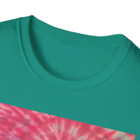 FLAMINGO:  Pink explosion! Colorful Tie-Dye Unisex Softstyle T-Shirt – Perfect for Festivals, Summer Vibes, Casual Outings, Gifts, and Everyday Wear