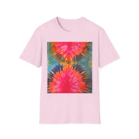 DOUBLE DAHLIA:  Vibrant dahlia inspired  Tie-Dye t-shirt, Unisex Softstyle Shirt, Summer Fashion Tee, Festival Wear, Retro Style Top, Casual Everyday Wear