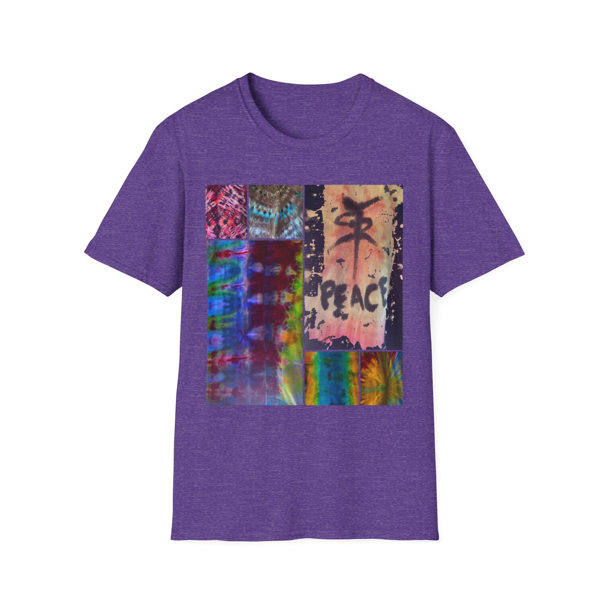 EQUITY: Bohemian Peace Graphic Tie Dye collage Tee, Unisex Softstyle T-Shirt, Tie-Dye Vibe Shirt, Festival Fashion, Relaxed Fit Top