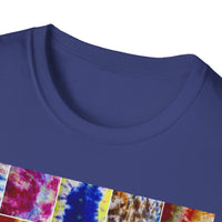 THE SCRAMBLE: Colorful, sampler style,  Tie-Dye collage Unisex T-Shirt, Vibrant Casual Wear, Summer Festival Top, Gift for Him/Her, Retro Vibe Fashion