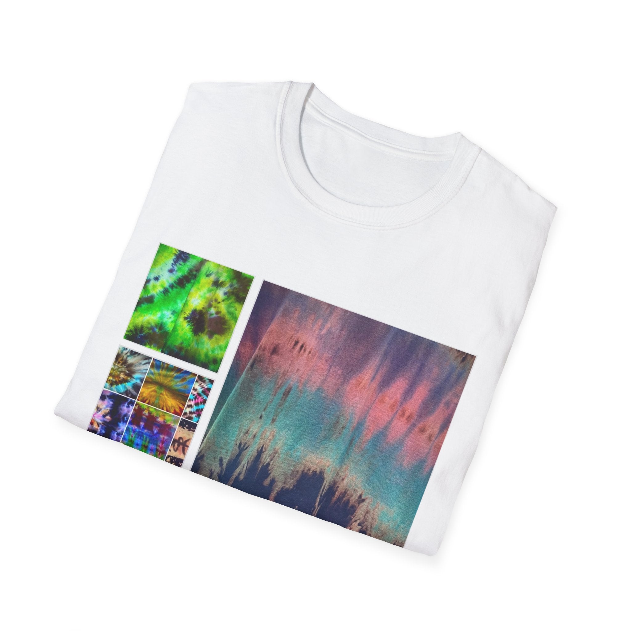 NORTHERN LIGHTS: Vibrant  Tie Dye collage Art, Unisex Softstyle T-Shirt | Casual Fashion, Gift for Art Lovers, Summer Wear, Festival Outfit, Unique Graphic Tee