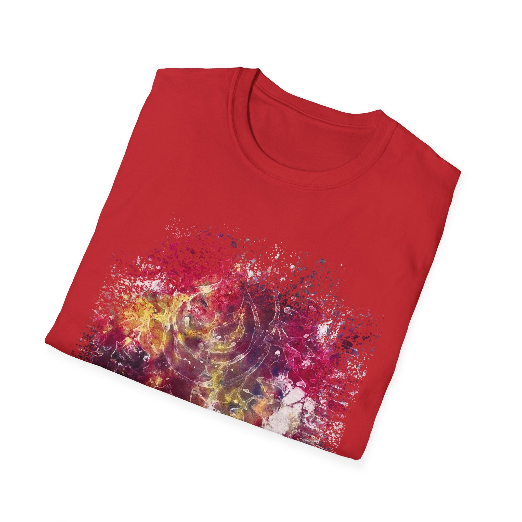 ENIGMA: Gritty, edgy Colorful Abstract Art Unisex Softstyle T-Shirt, Casual Graphic Tee, Gift for Art Lovers, Unique Printed Shirt, Summer Wear, Festival Apparel