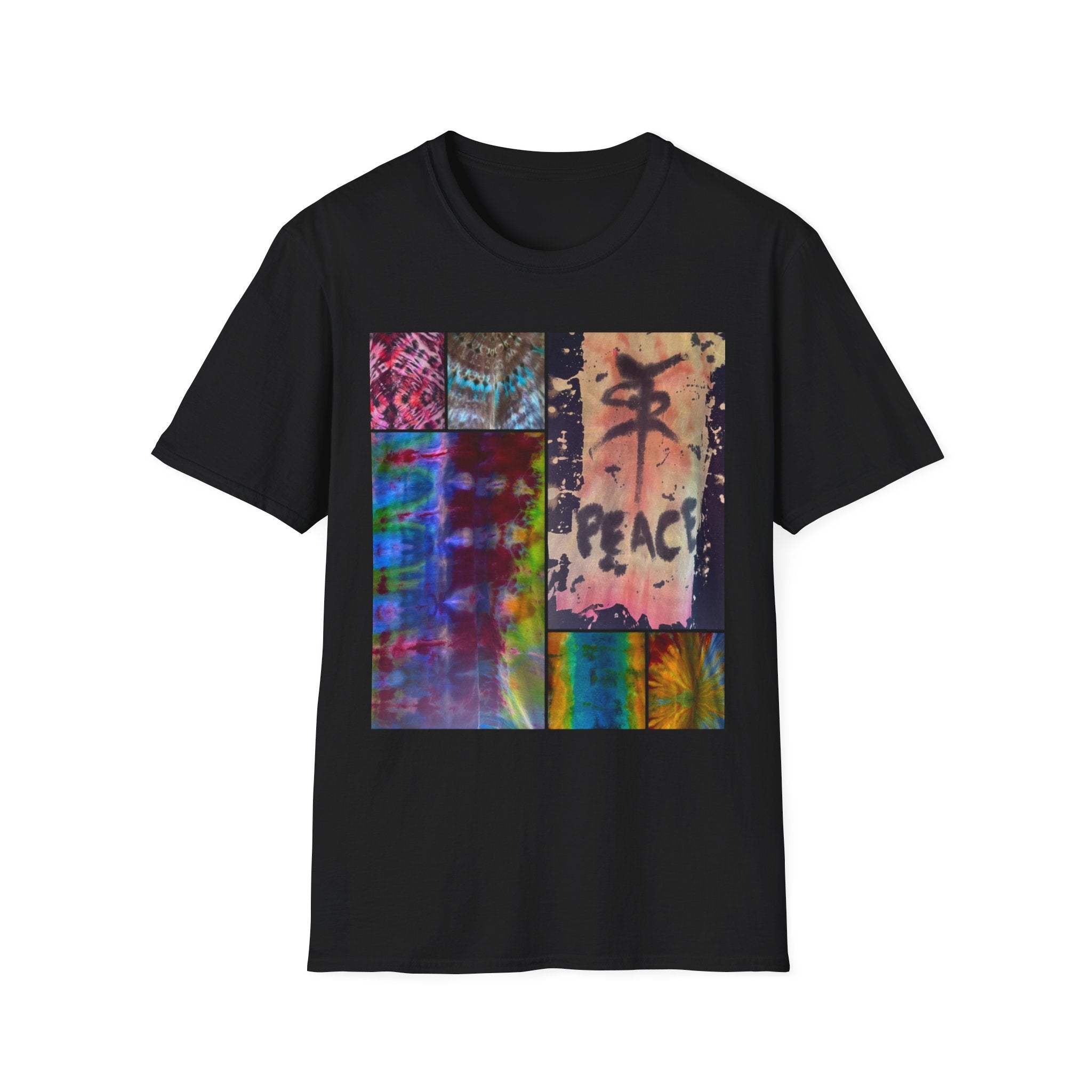 EQUITY: Bohemian Peace Graphic Tie Dye collage Tee, Unisex Softstyle T-Shirt, Tie-Dye Vibe Shirt, Festival Fashion, Relaxed Fit Top