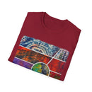 SUNSET TANGO: Vibrant Collage Tie-Dye T-Shirt, Bohemian Unisex Tee, Perfect for Festivals, Gifts, Summer Vibes, Art-Inspired Wear, Music Events